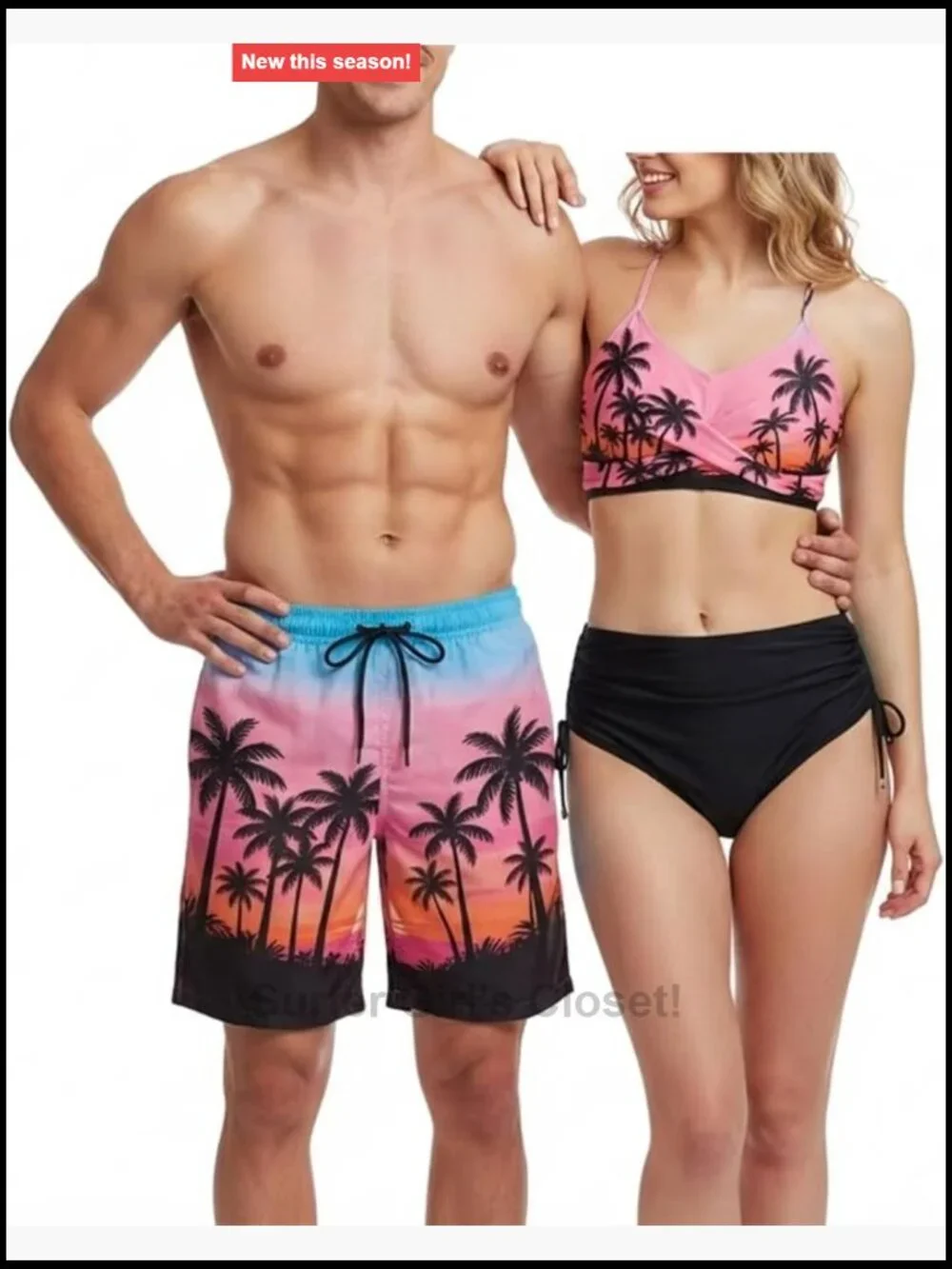 His & Hers Hawaiian Matching Swim Set Tummy Control Bikini & Quick Dry Trunks